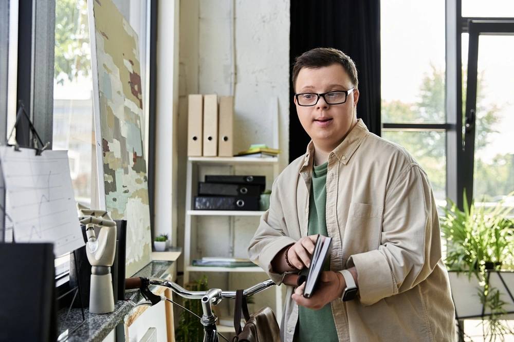 young boy with down syndrome reading a book
